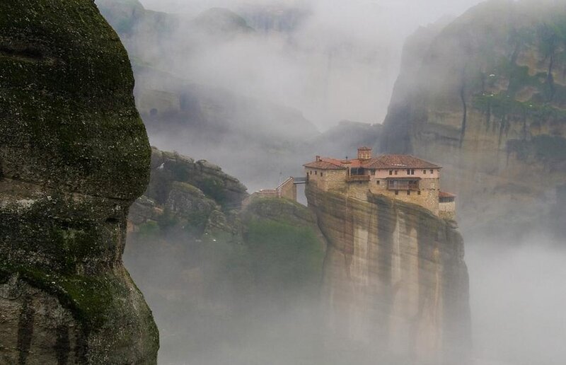 Monastery on Rock Pillar — Gray, Misty