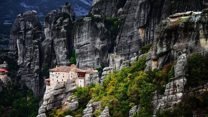 Monastery on Rock Pillar — Green, Dramatic, Photograph, Rock Formations