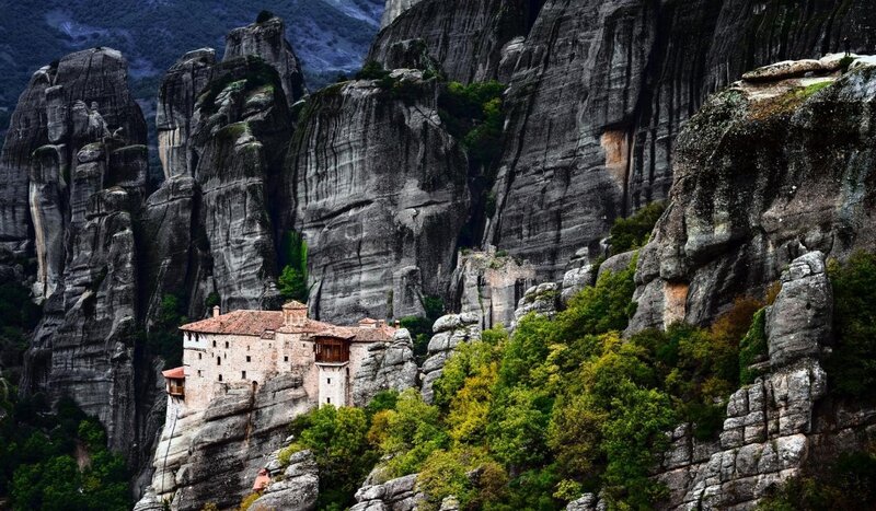Monastery on Rock Pillar — Green, Dramatic, Photograph