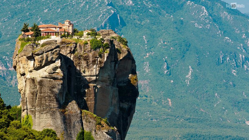 Monastery on Rock Pillar — Green, Serene, Afternoon, Photograph, Mountains, Buildings