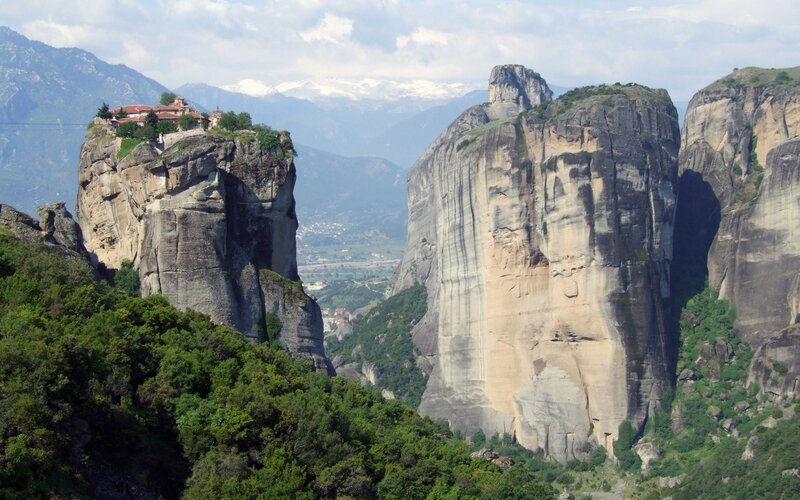 Monastery on Rock Pillar — Green, Serene, Afternoon, Photograph, Mountains, Forest, Valley