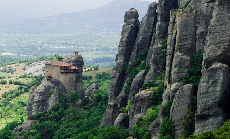 Monastery on Rock Pillar — Green, Serene, Afternoon