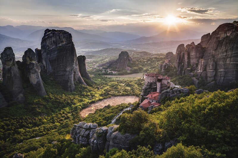 Monastery on Rock Pillar — Green, Serene, Sunrise, Photograph, Rock Formations