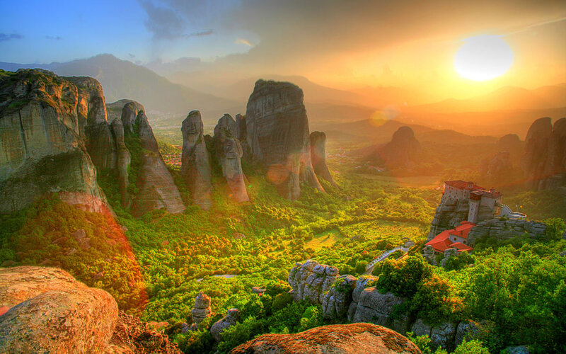 Monastery on Rock Pillar — Green, Serene, Sunrise