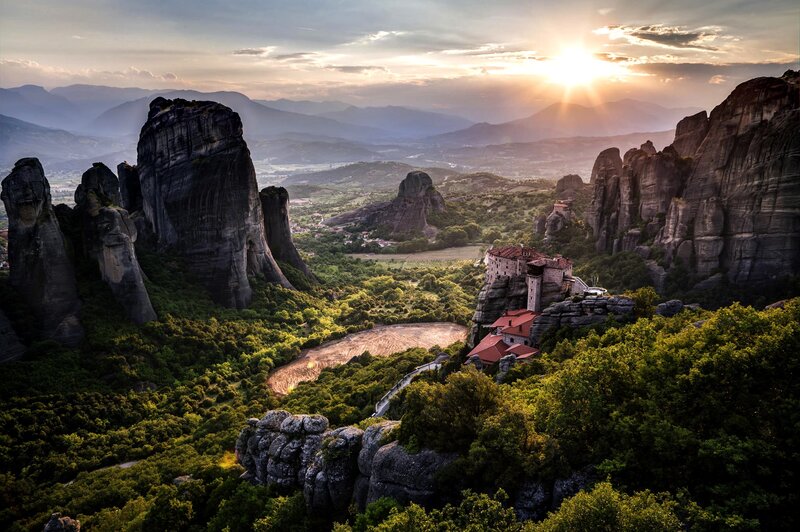 Monastery on Rock Pillar — Green, Serene, Sunset