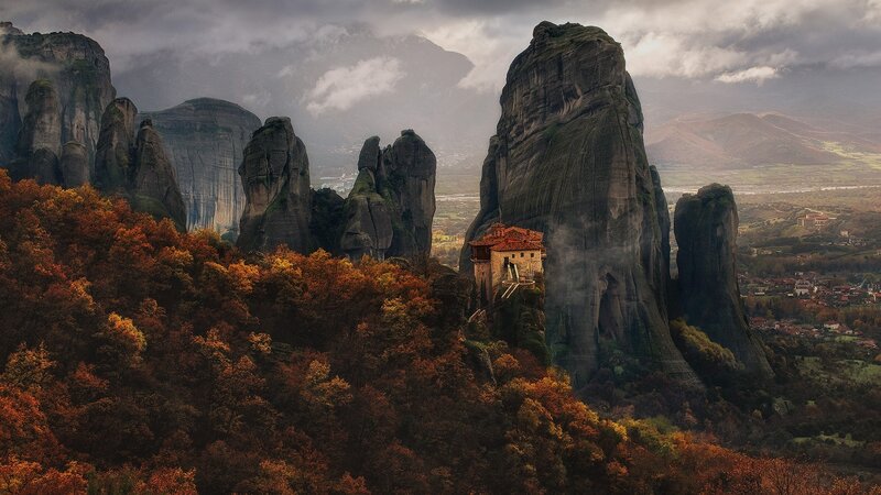 Monastery on Rock Pillar — Orange, Dramatic, Autumn, Photograph