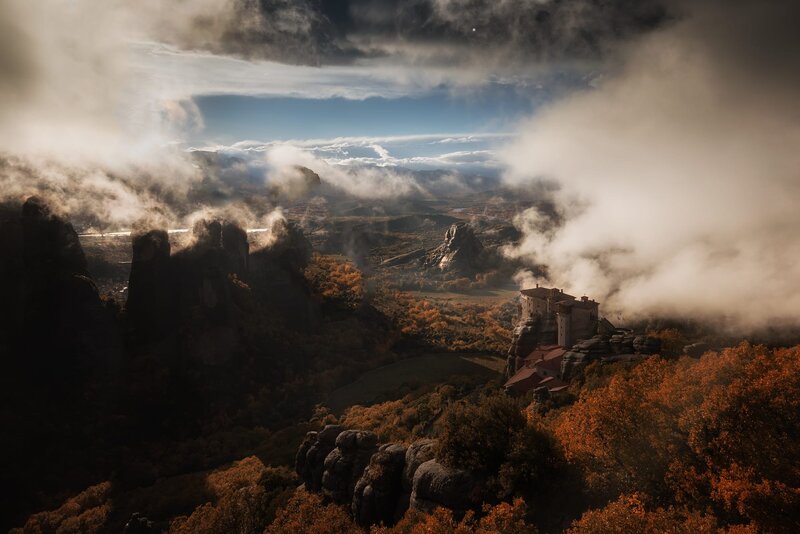 Monastery on Rock Pillar — Orange, Dramatic, Autumn
