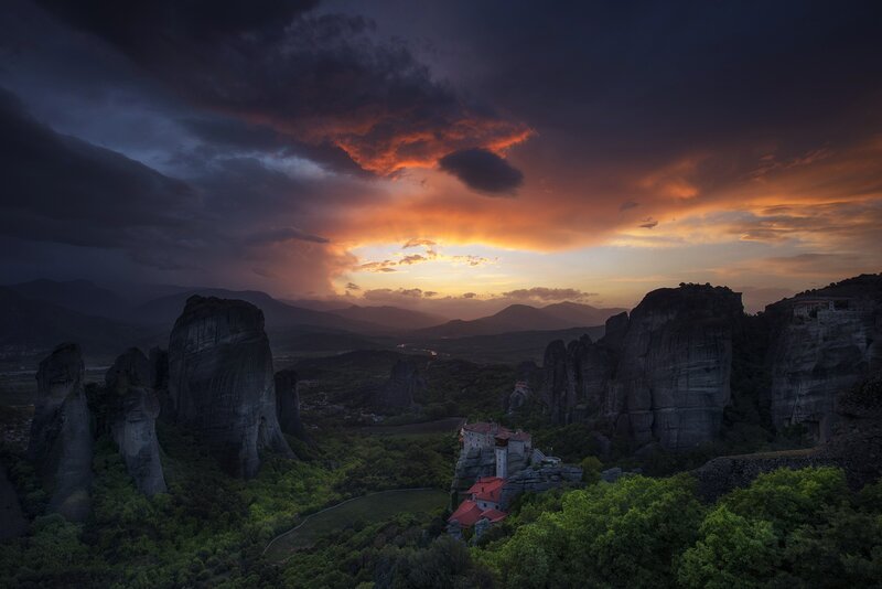 Monastery on Rock Pillar — Orange, Dramatic, Sunset, Photograph