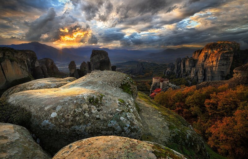 Monastery on Rock Pillar — Orange, Dramatic, Sunset