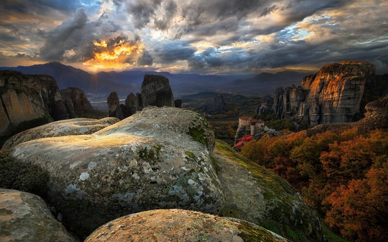 Monastery on Rock Pillar — Orange, Dramatic