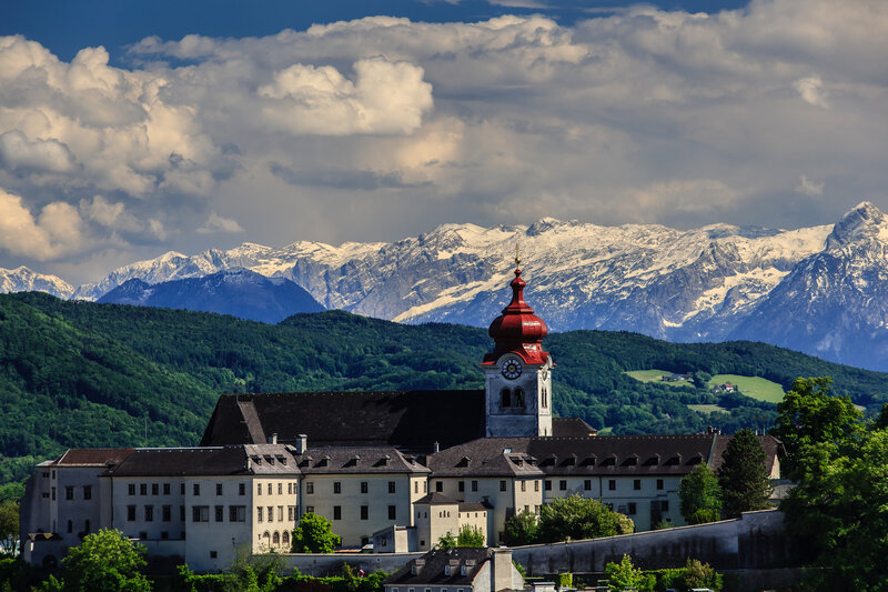 Monastery with mountain backdrop