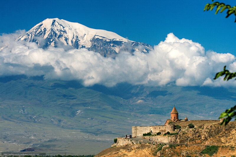 Monastery with snow-capped mountain