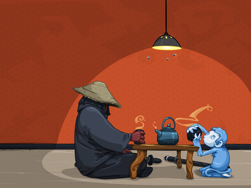 Monk and Monkey Drinking Tea — Orange