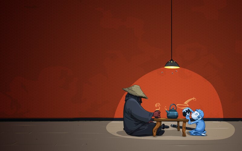 Monk and Monkey Drinking Tea
