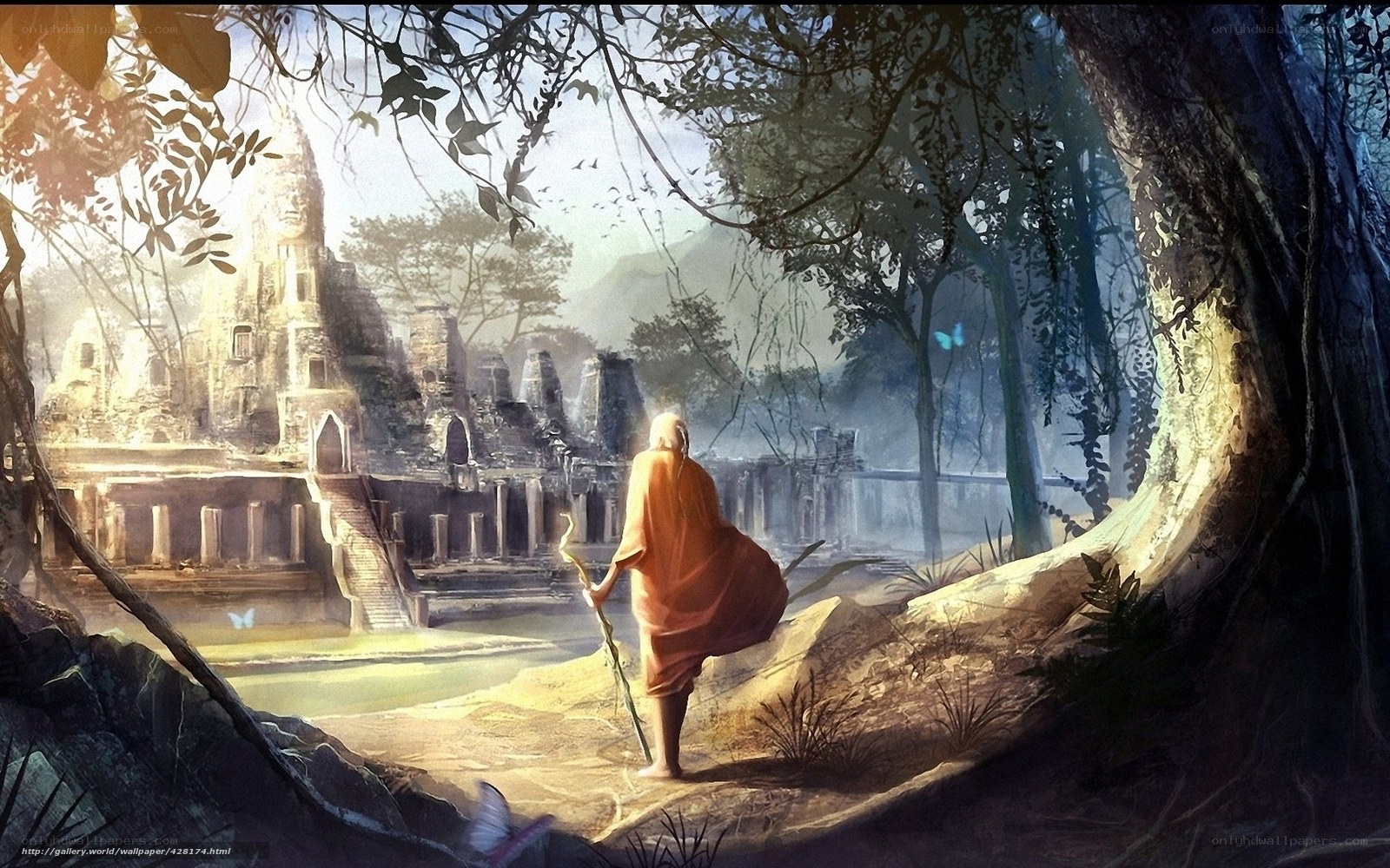 Monk at ancient temple ruins
