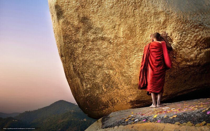 Monk at Golden Rock — Gold, Serene, Sunset