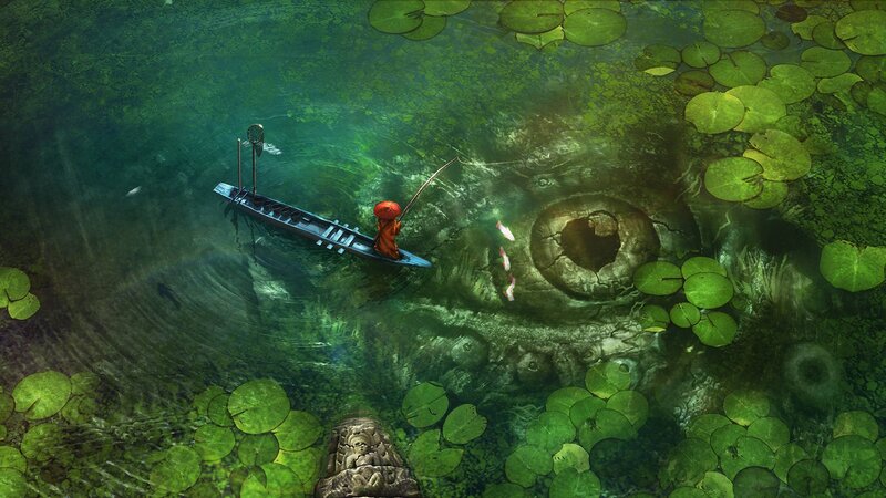 Monk Fishing in Boat — Green