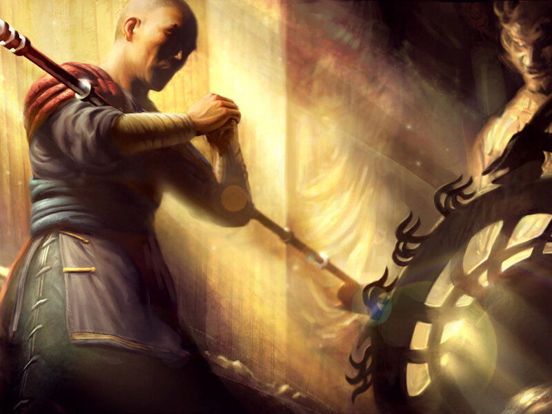Monk in combat with a demon