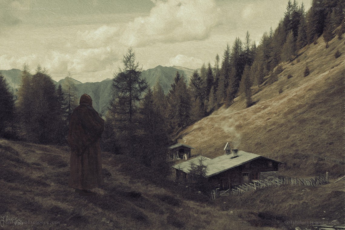 Monk in mountain landscape