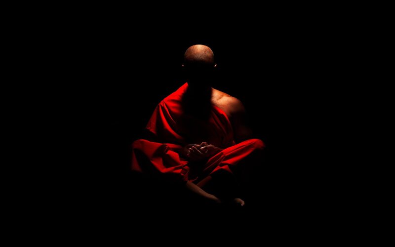 Monk in Red Robe — Dramatic, Night, Photograph, Meditation