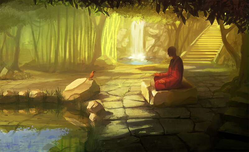 Monk meditating by waterfall