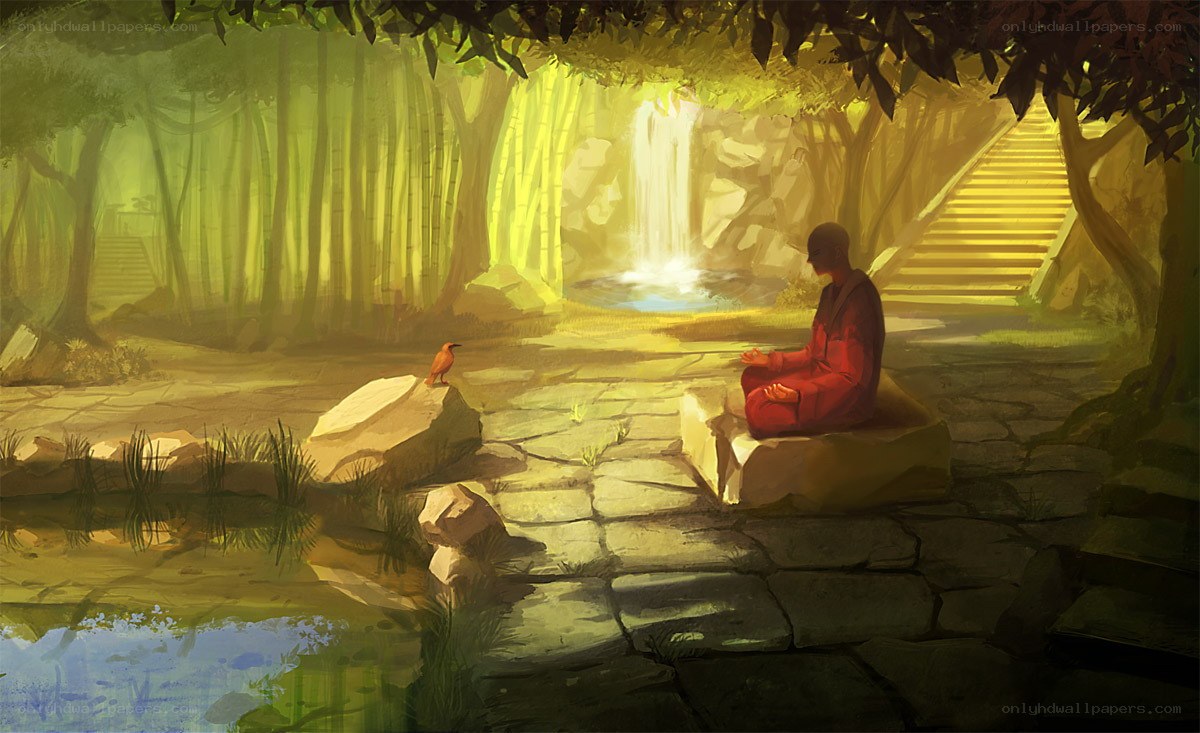 Monk meditating by waterfall