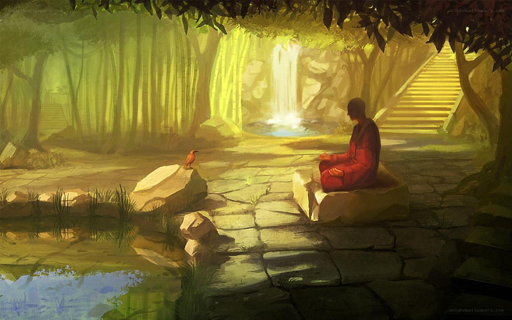 Monk meditating in forest