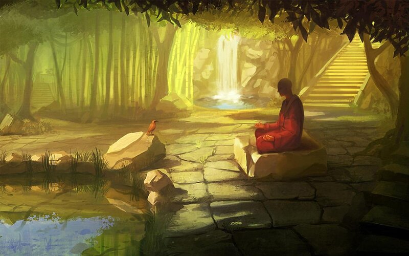Monk Meditating in Forest — Green, Serene