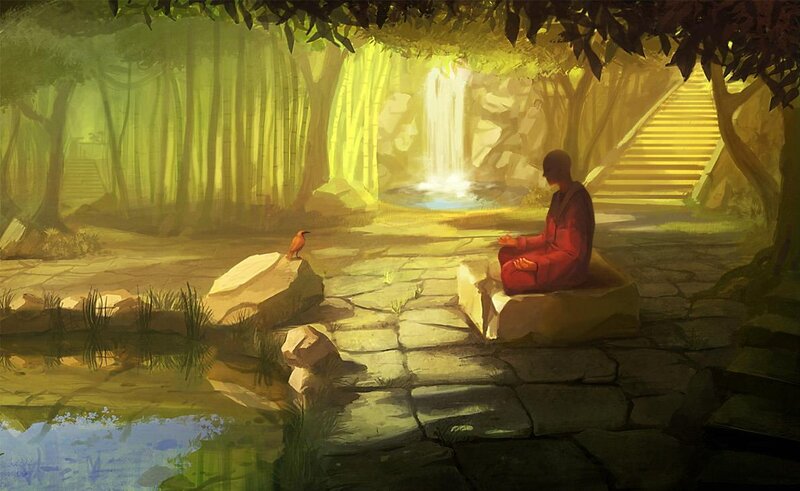 Monk meditating in forest