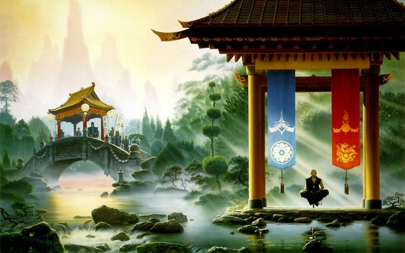 Monk Meditating in Pavilion — Green, Serene