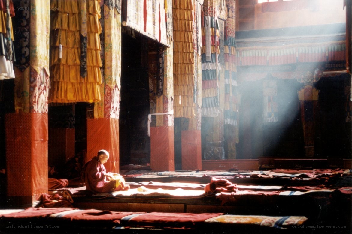 Monk meditating in temple