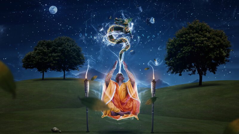 Monk Meditating with Dragon — Blue