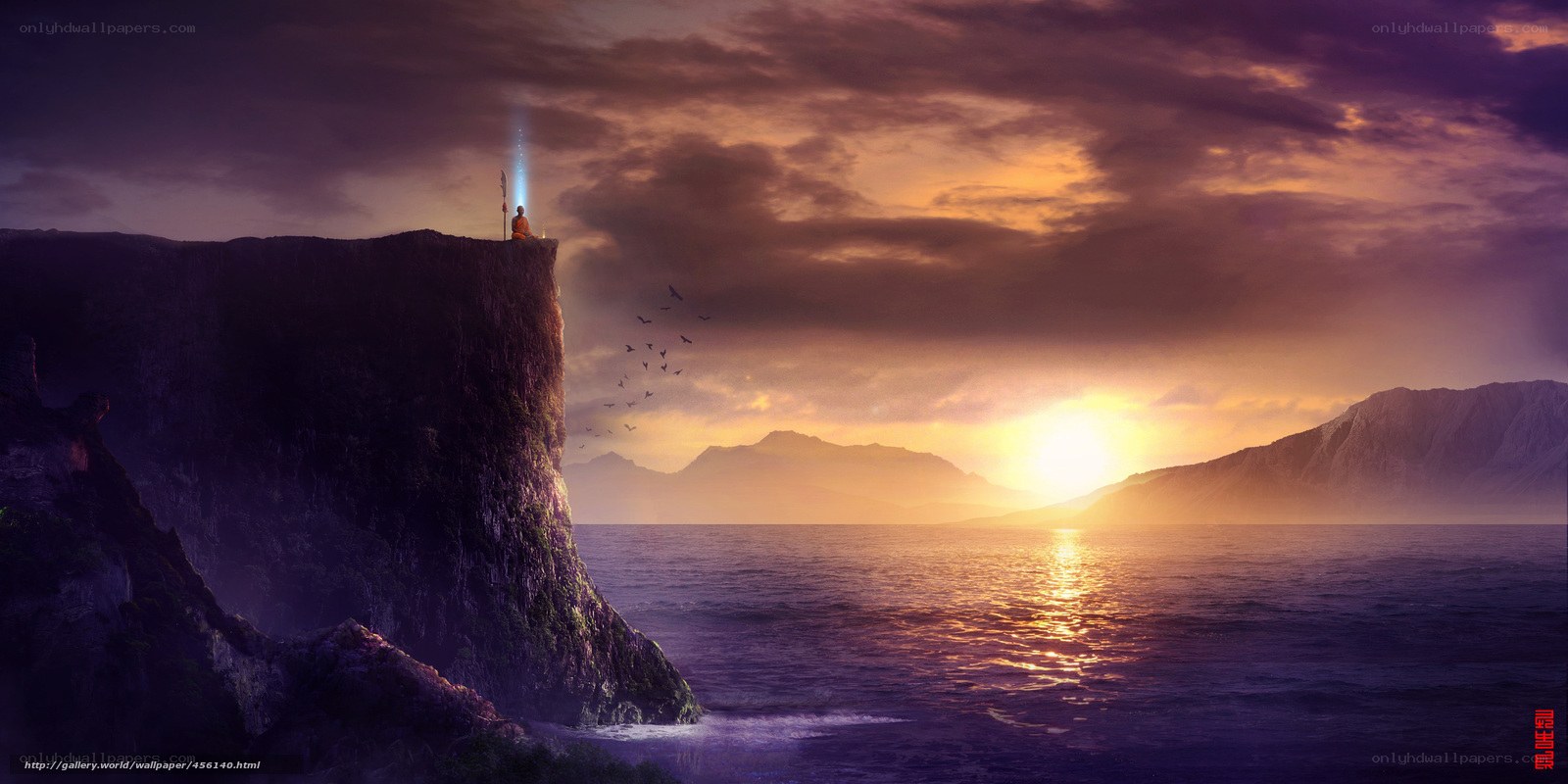 Monk on a cliff at sunset