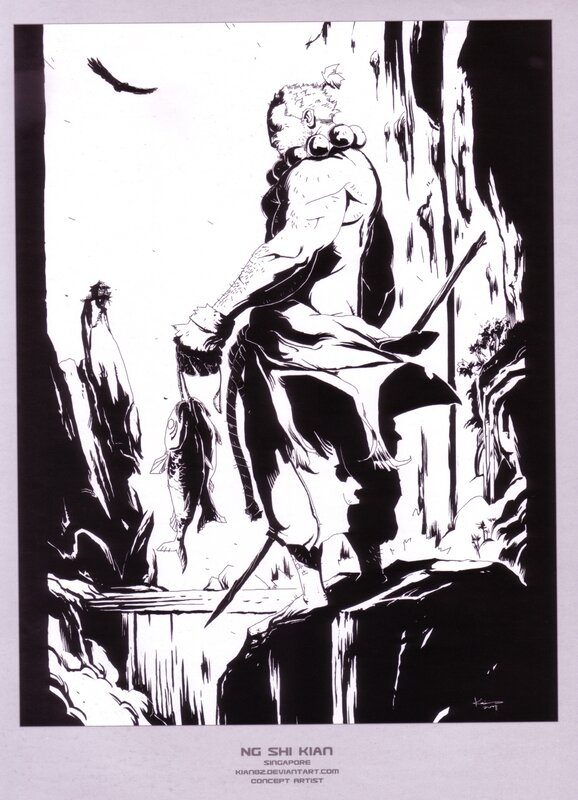 Monk on a cliff with fish