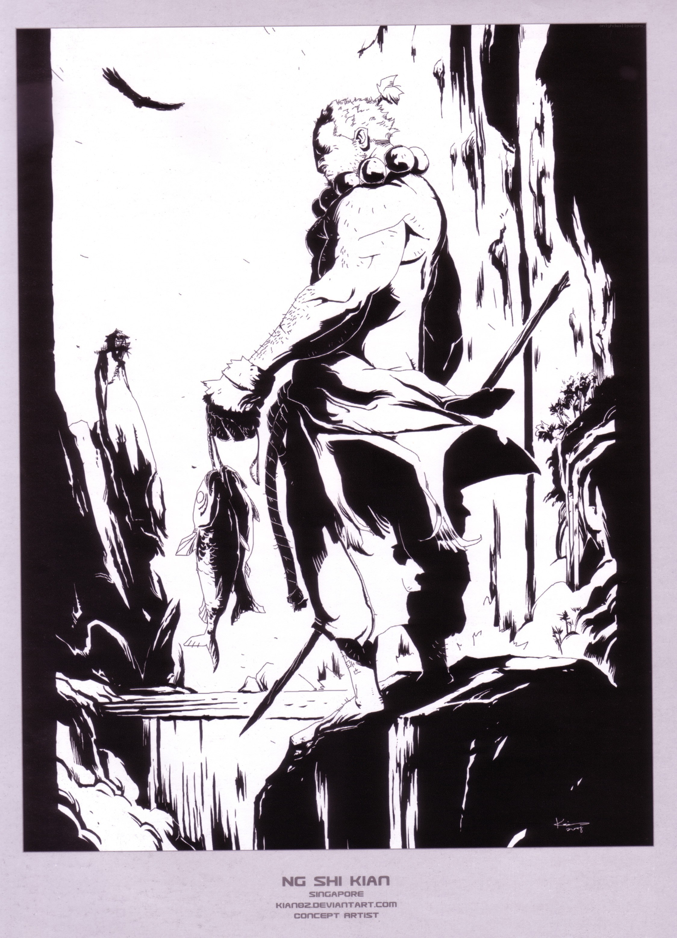 Monk on a cliff with fish