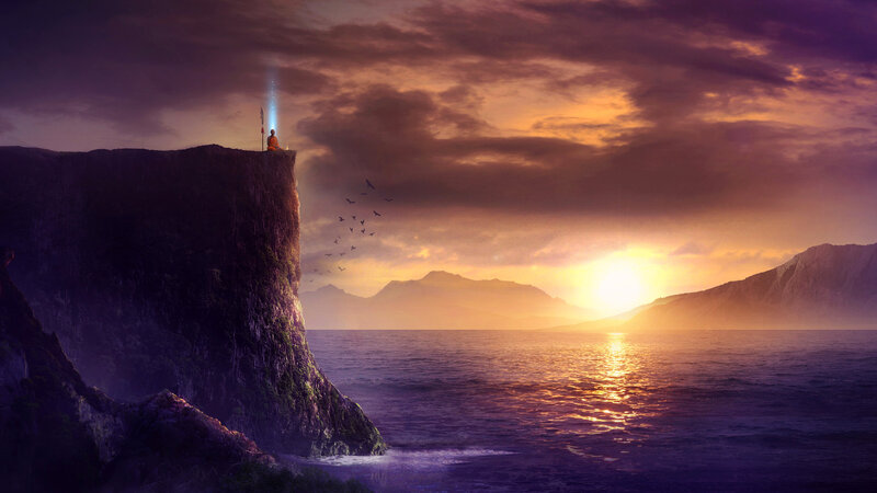 Monk on Cliff Edge — Purple