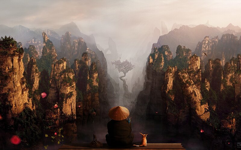 Monk overlooking misty mountains