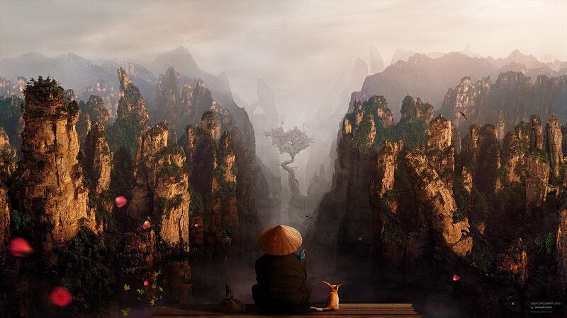 Monk overlooking mountain valley