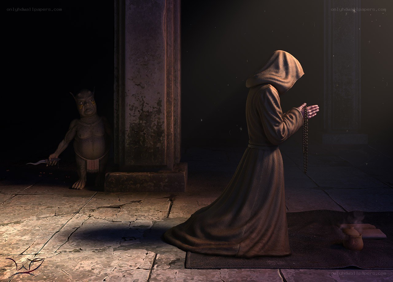 Monk praying in a dark hall