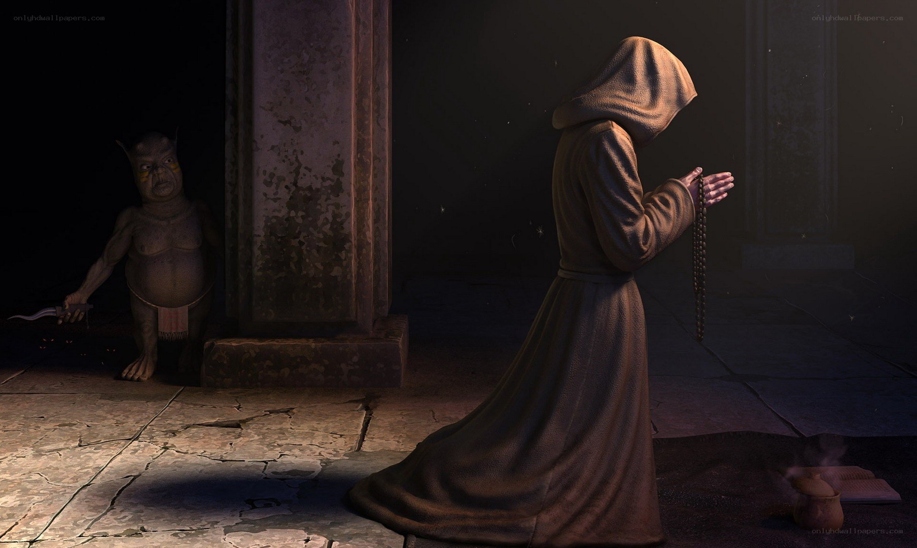 Monk praying in a dark hall