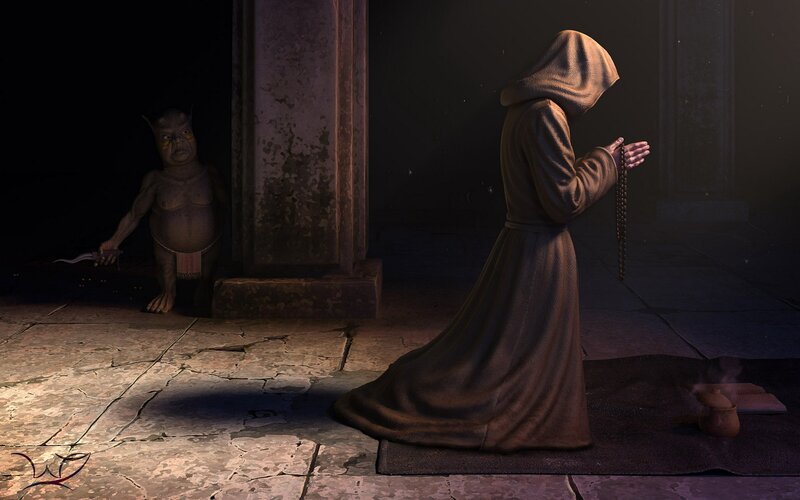 Monk praying in a dark hall