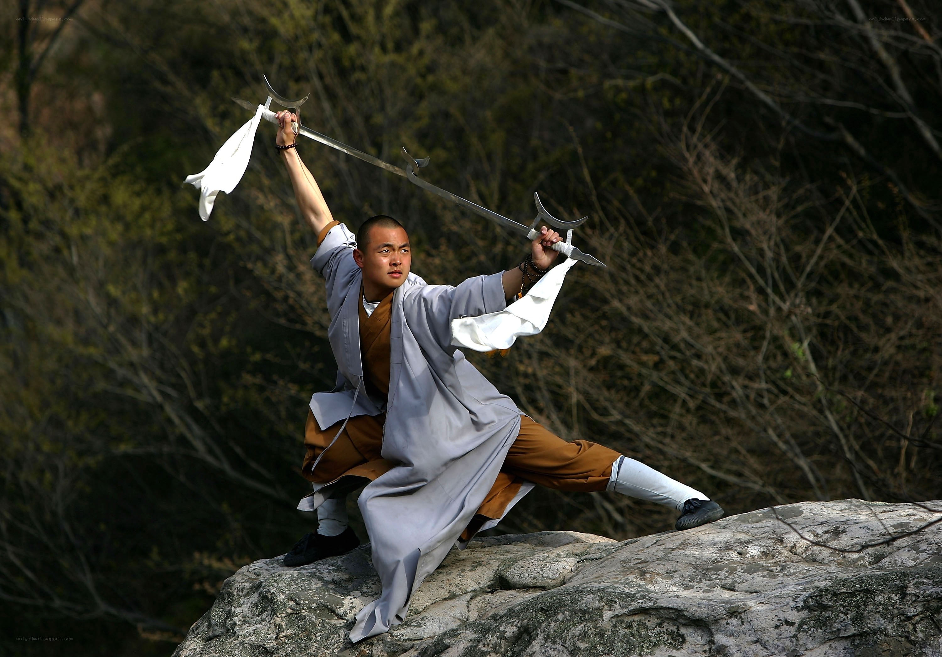 Monk wielding a sword on a rock