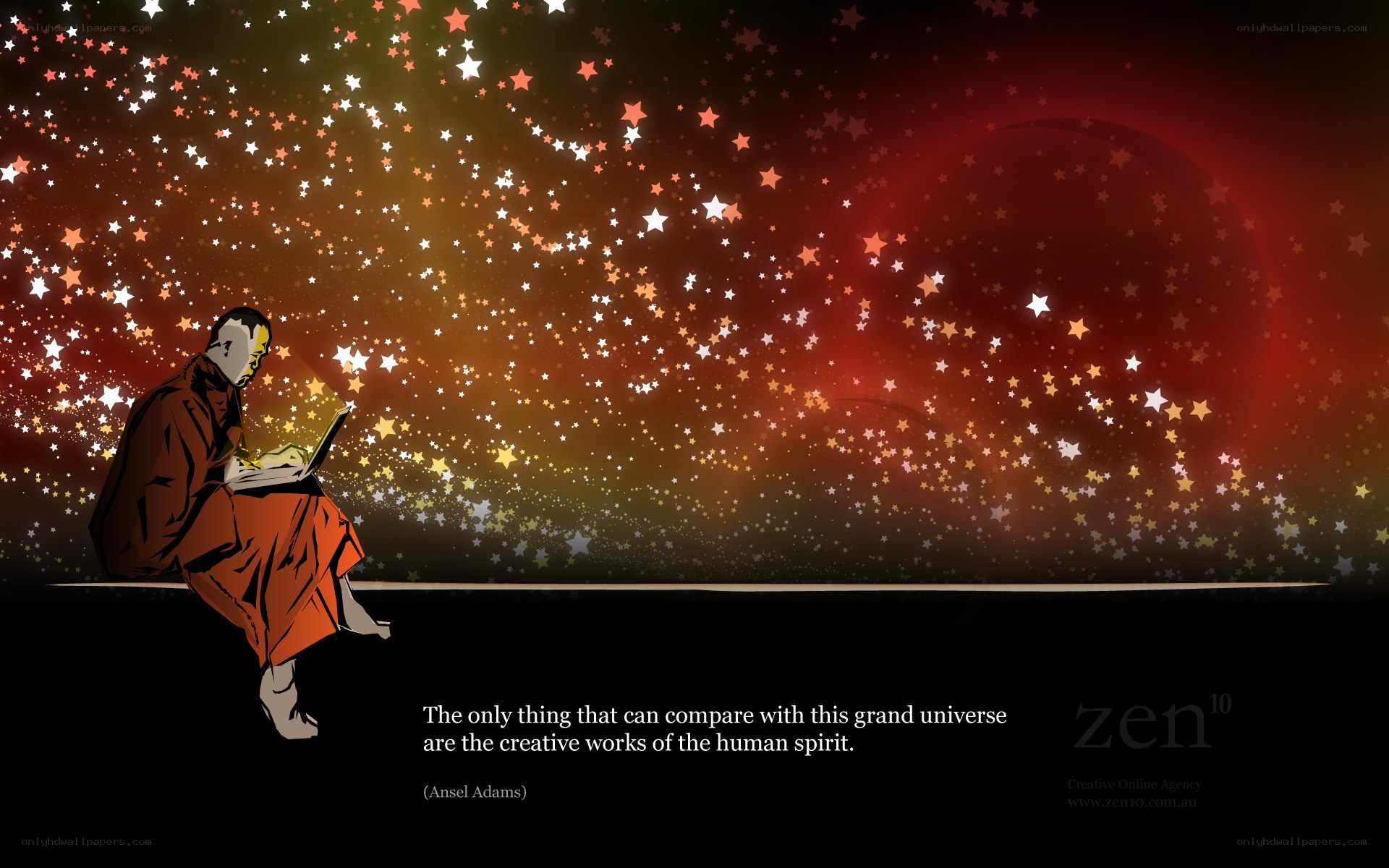 monk with laptop under stars