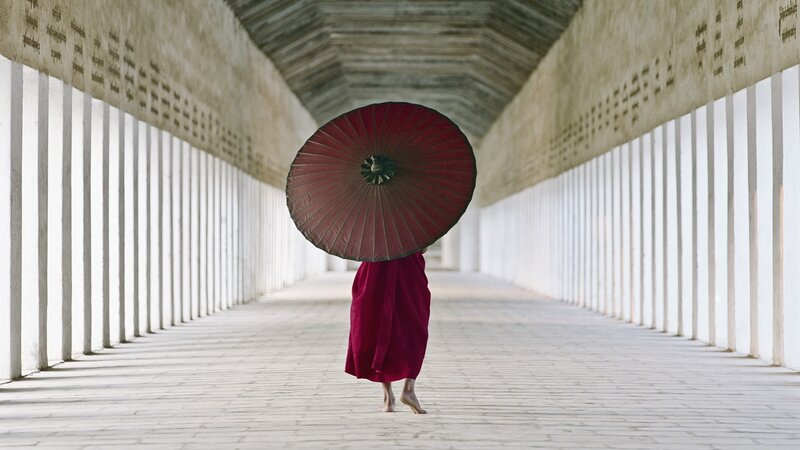 Monk with Red Umbrella — Serene