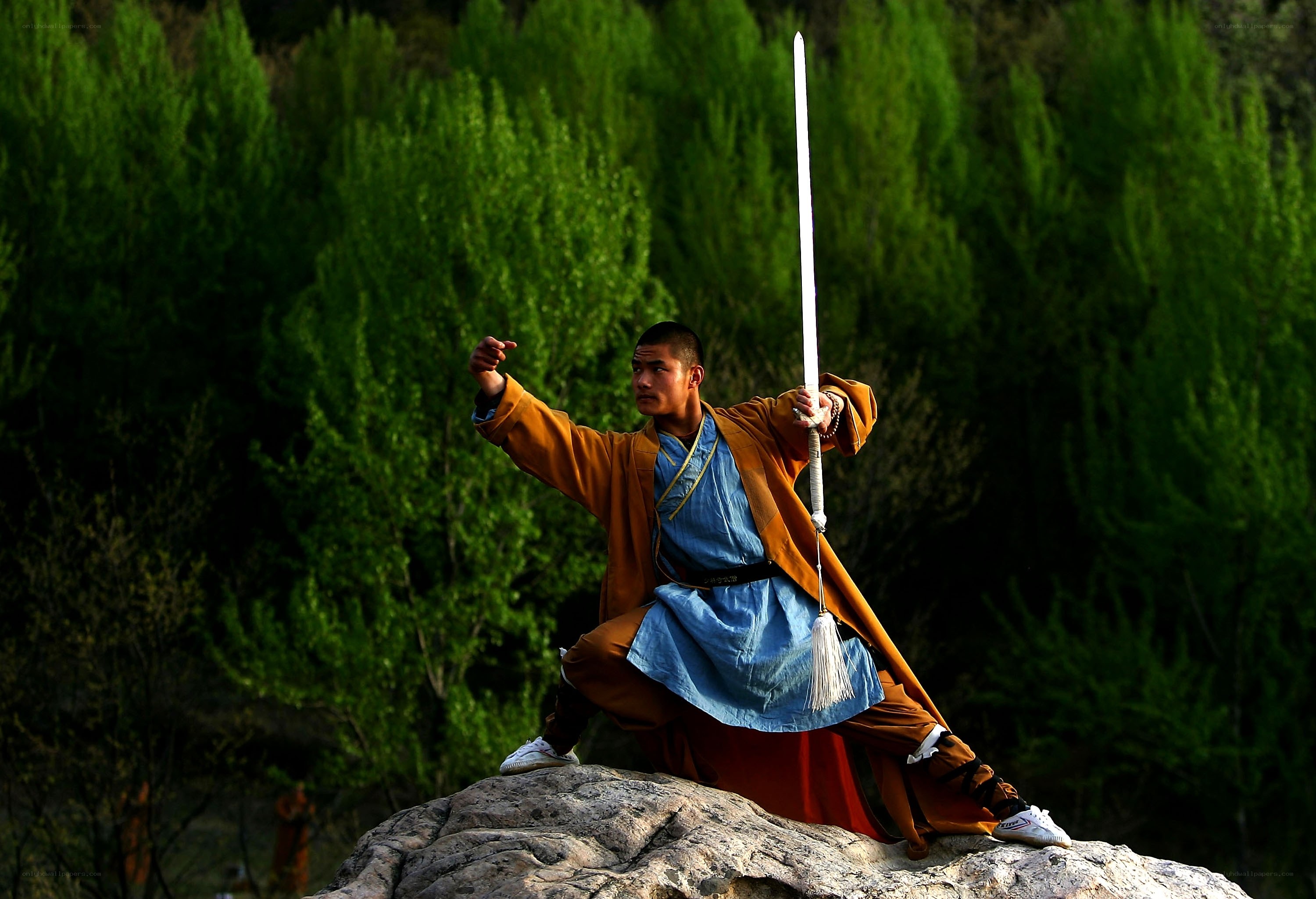 Monk with sword on rock