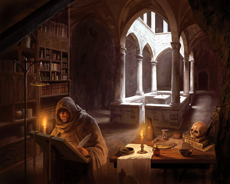 Monk Writing at Desk — Brown, Dramatic, Night