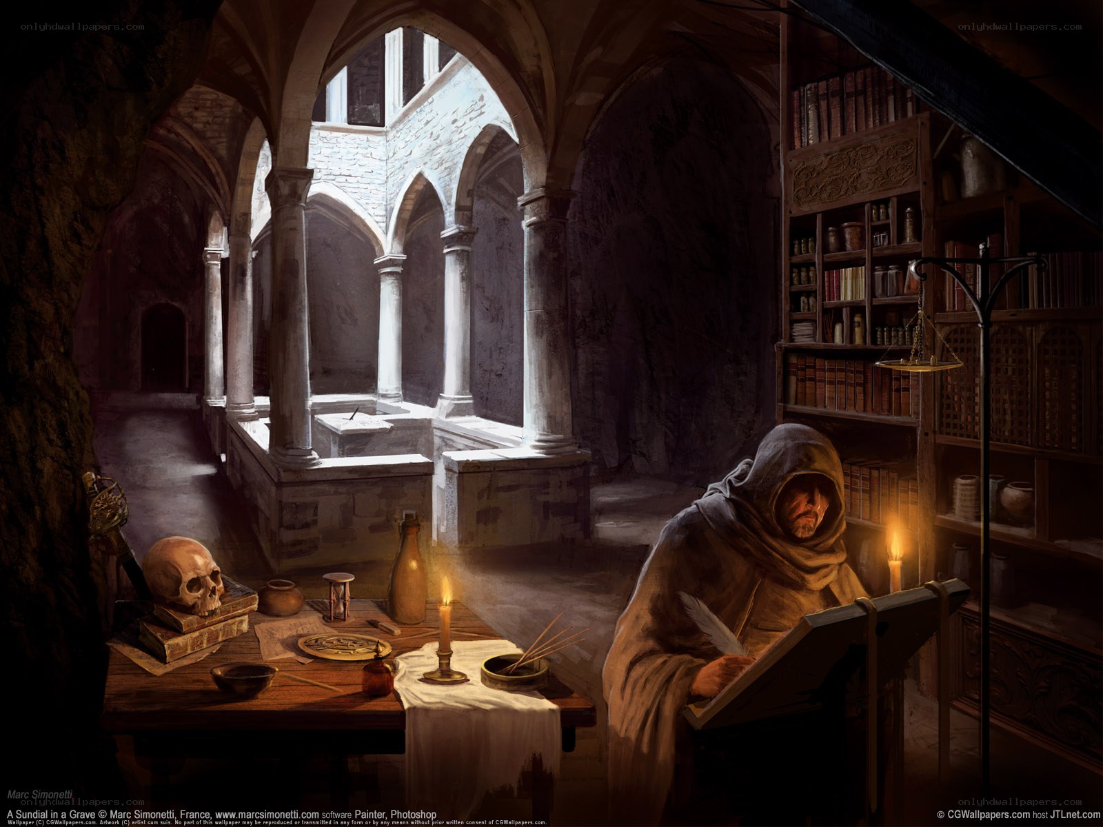Monk writing in a crypt