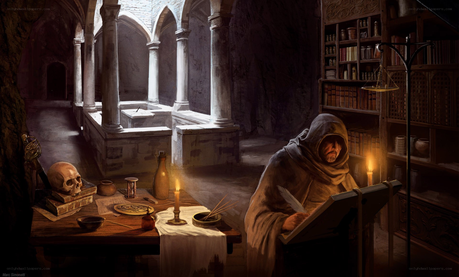 Monk writing in a library