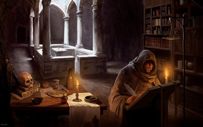 Monk writing in a library