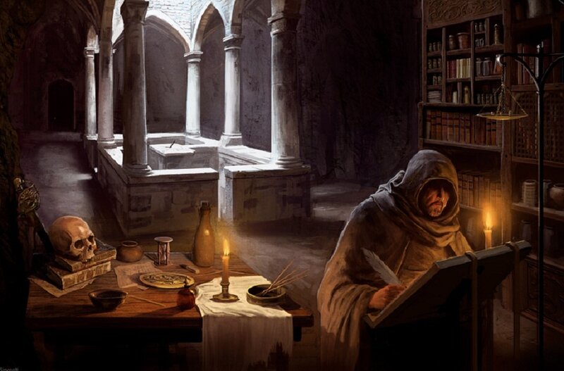 Monk writing in a library